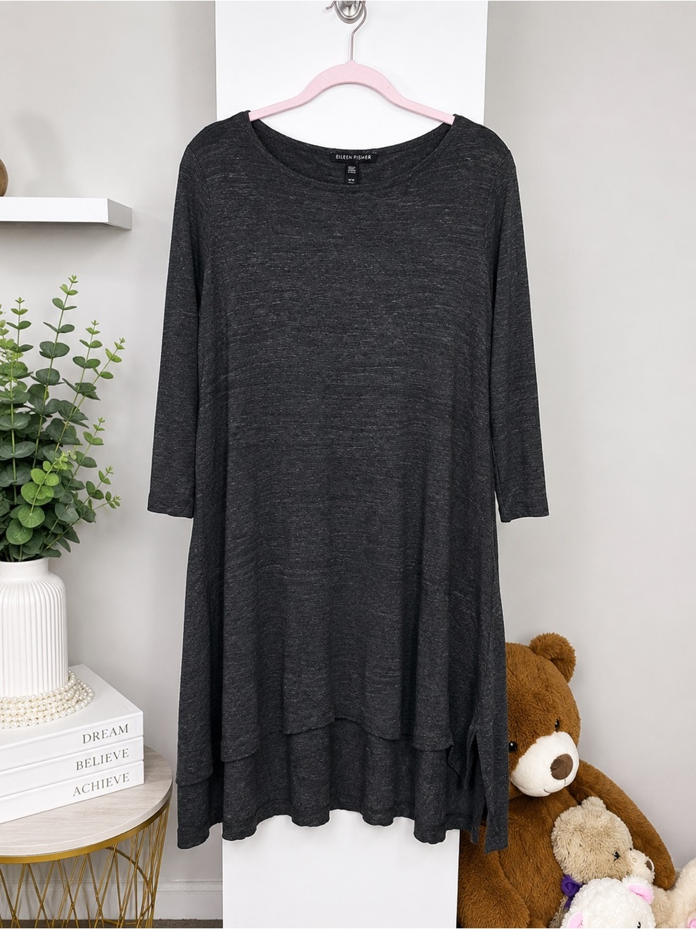 Eileen Fisher Charcoal Gray Layered‎ Hem Tunic Top Size M